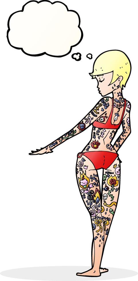 tecknad serie bikini flicka täckt i tatueringar med trodde bubbla vektor