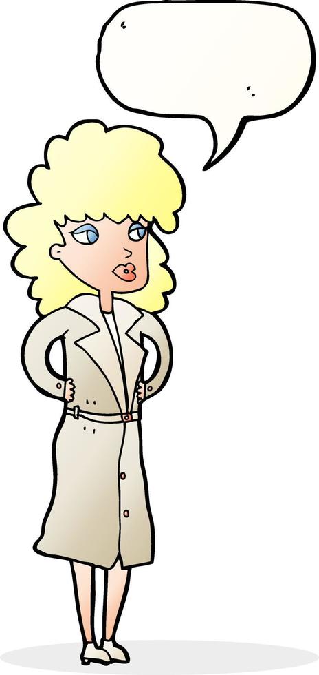 Cartoon-Frau im Trenchcoat mit Sprechblase vektor