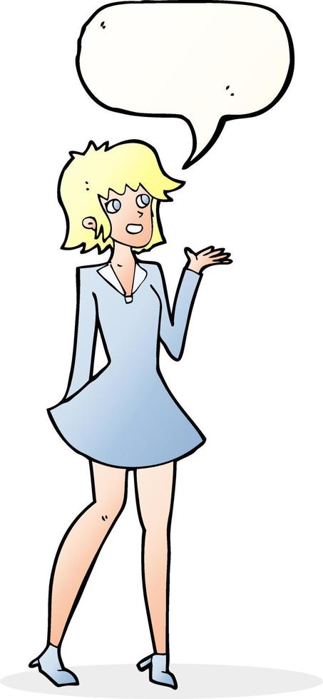tecknad serie Söt kvinna i klänning med Tal bubbla vektor