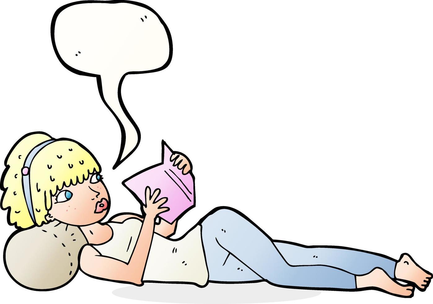 tecknad serie Söt kvinna läsning bok med Tal bubbla vektor