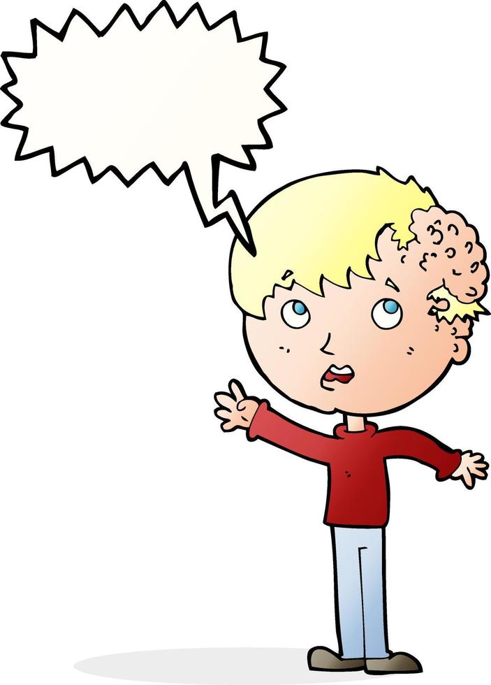 Cartoon-Junge mit Wachstum auf dem Kopf mit Sprechblase vektor