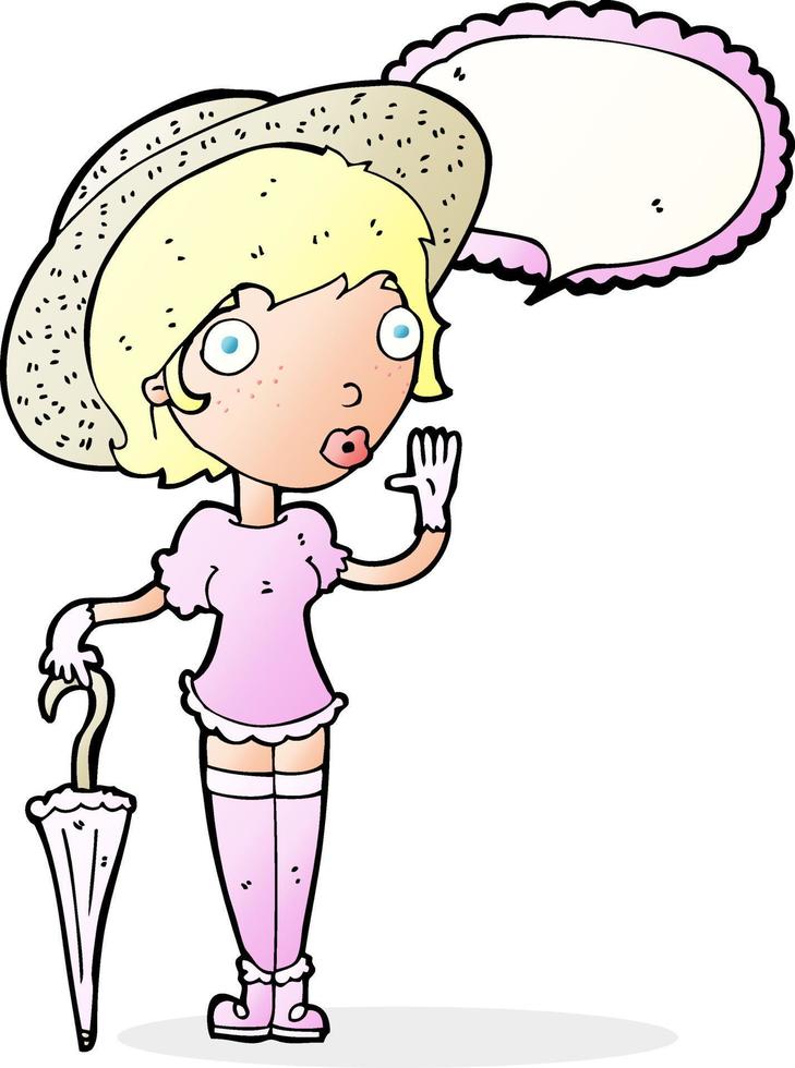tecknad serie kvinna i sommar hatt vinka med Tal bubbla vektor