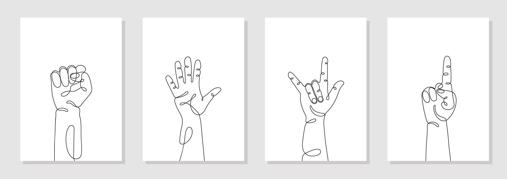 einzeilig gezeichnete handgesten gesetzt, minimalistische menschliche hände mit faust, fünf, hallo, rock, eins, zeigen. dynamischer kontinuierlicher einzeiliger grafischer Vektor