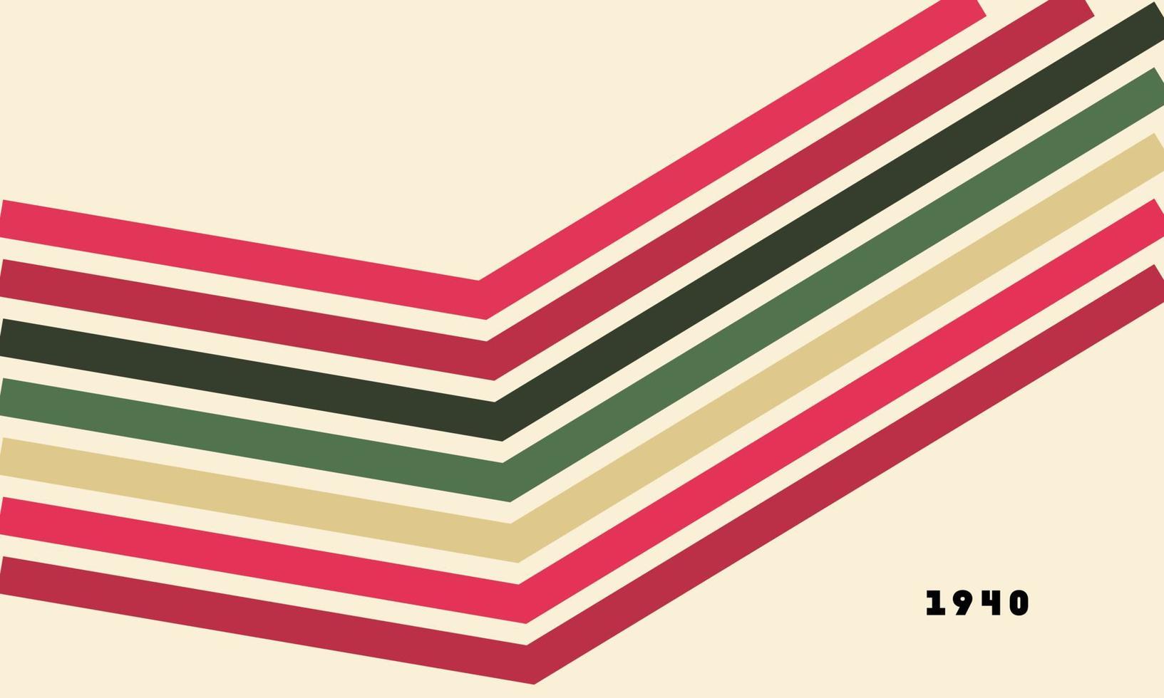 abstrakter bunter Hintergrundvektor der 40er Jahre. Vintage Tapete im Retro-Stil mit Linien, Regenbogenstreifen und geometrischen Formen. Farbillustrationsdesign der 1940er Jahre, geeignet für Poster, Banner, Dekoration, Wandkunst vektor
