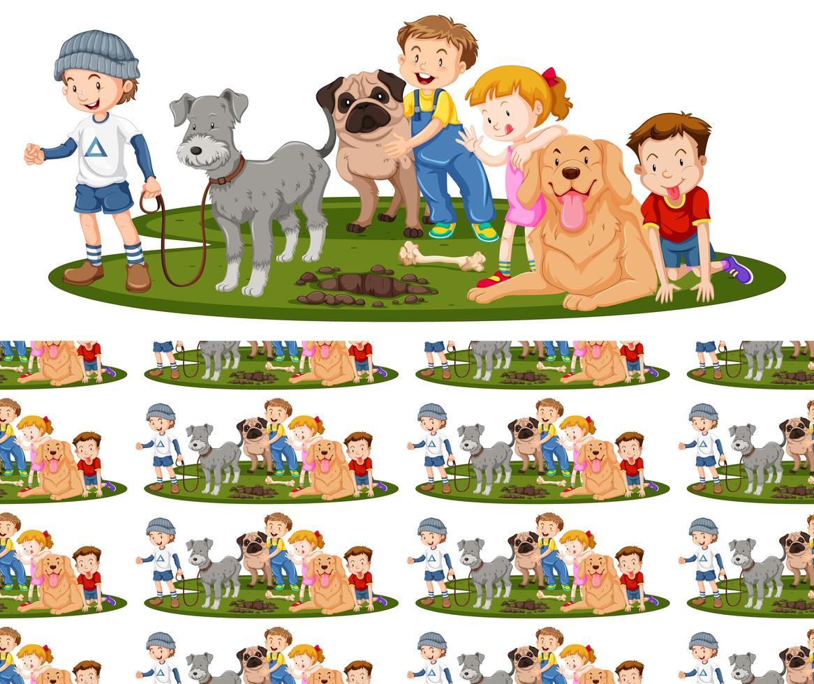 nahtloses Hintergrunddesign mit Kindern und Hunden vektor