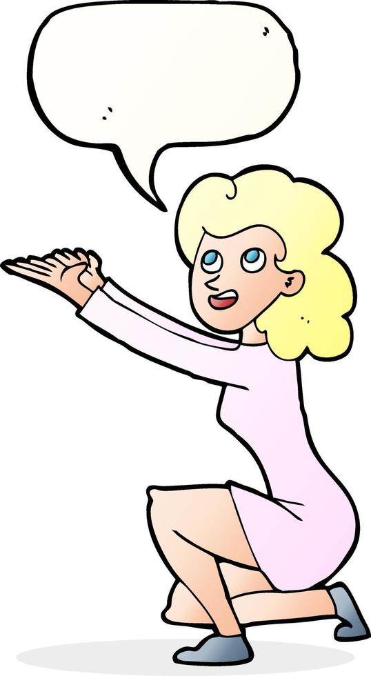 tecknad serie kvinna presentation gest med Tal bubbla vektor