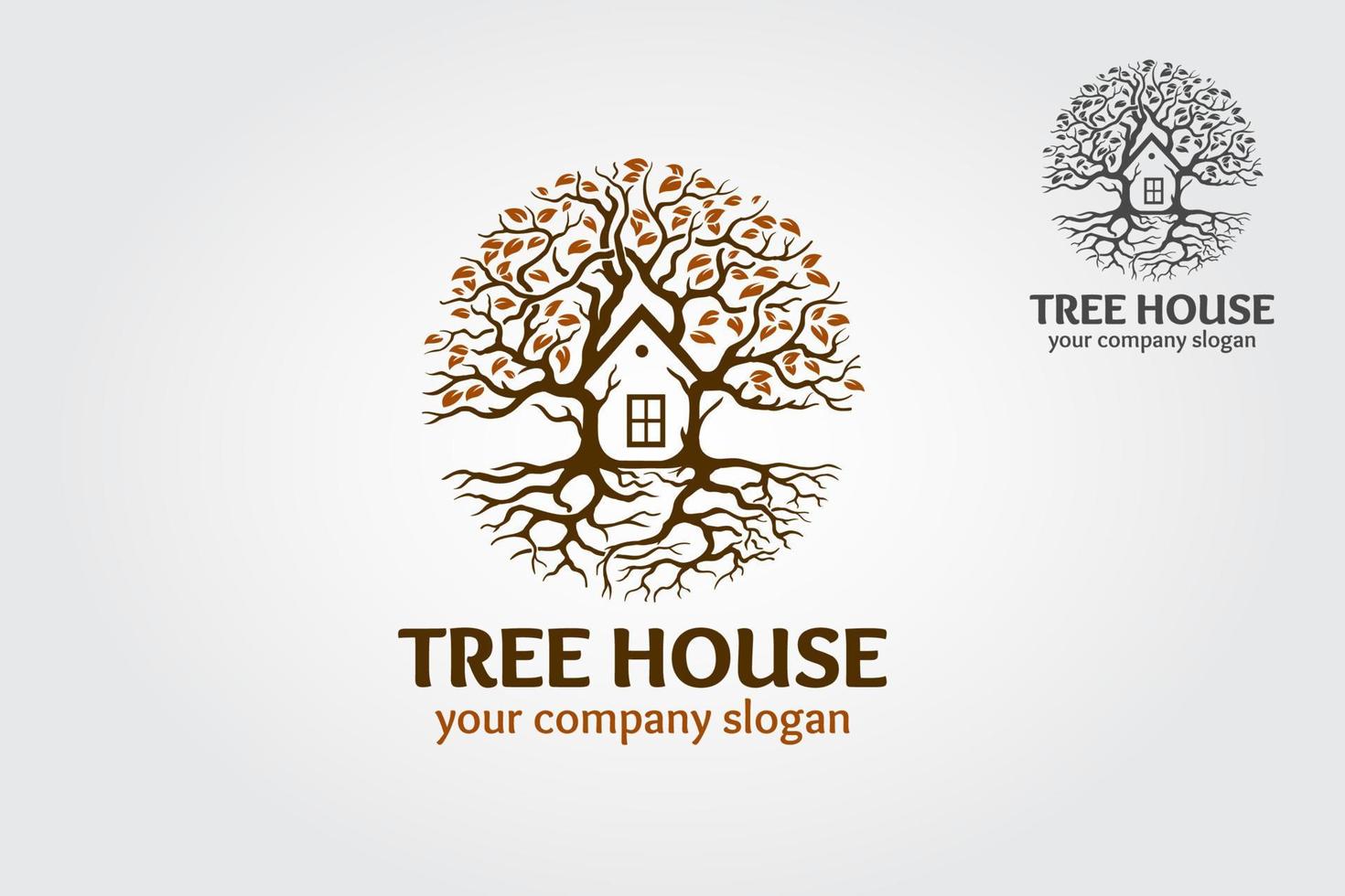 Baumhaus-Logo-Vorlage. Das Hauptsymbol des Logos ist ein Baum, aber hier mit dem Haus symbolisiert dieses Logo eine Nachbarschaft, Schutz, Frieden, Wachstum und Fürsorge oder Sorge um Entwicklung. vektor