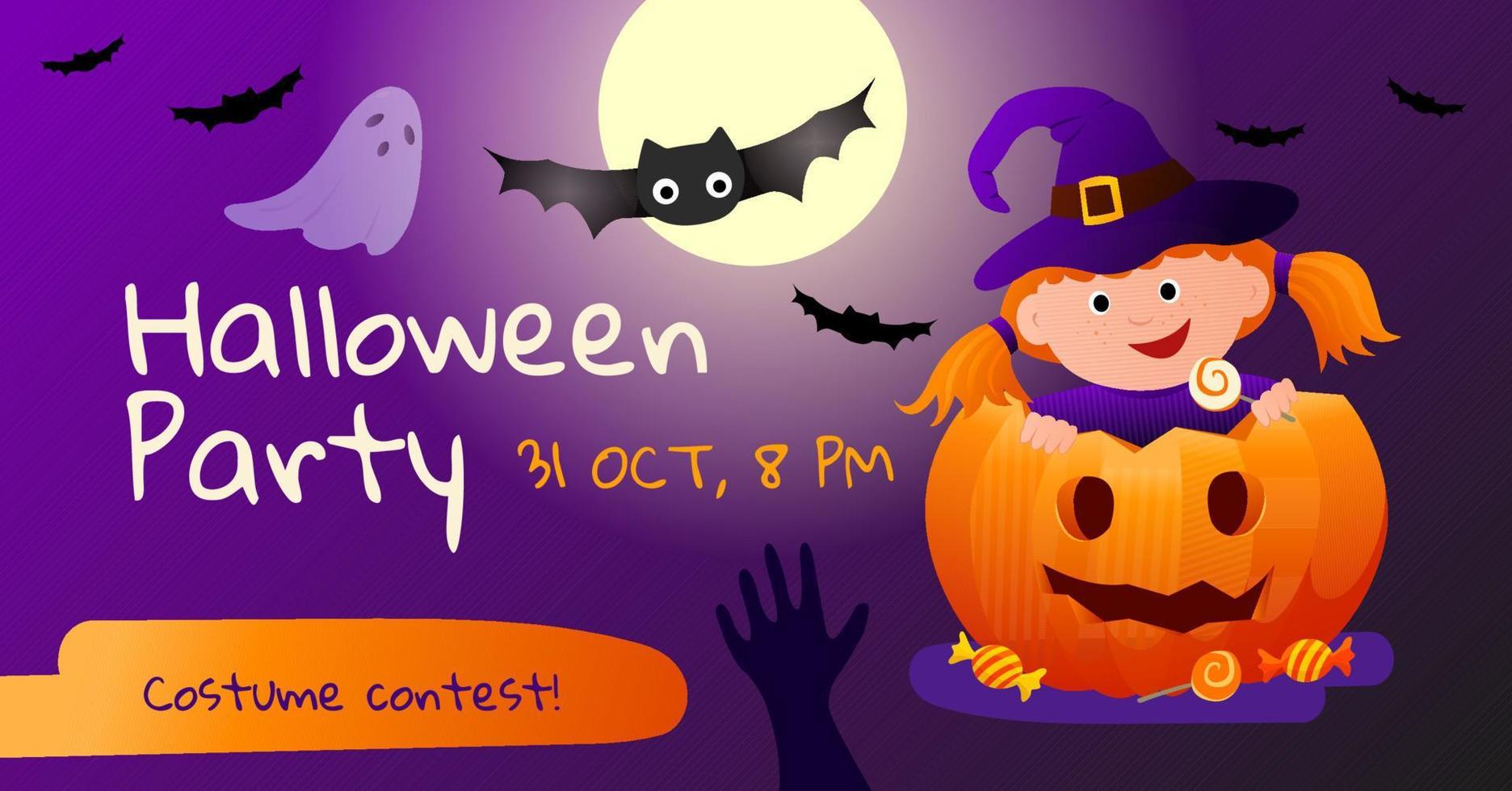 Halloween-Party Einladung Banner-Design. banner für social-media-post, flyer oder poster. süßes Mädchen in einem Hexenkostüm mit Kürbis und Fledermäusen auf dunkelviolettem Hintergrund. gruselige vektorillustration. vektor