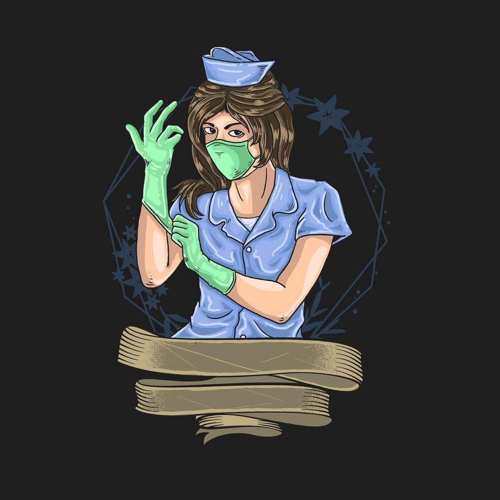 maskerad sjuksköterska sätter handske på och tomt banner vektor