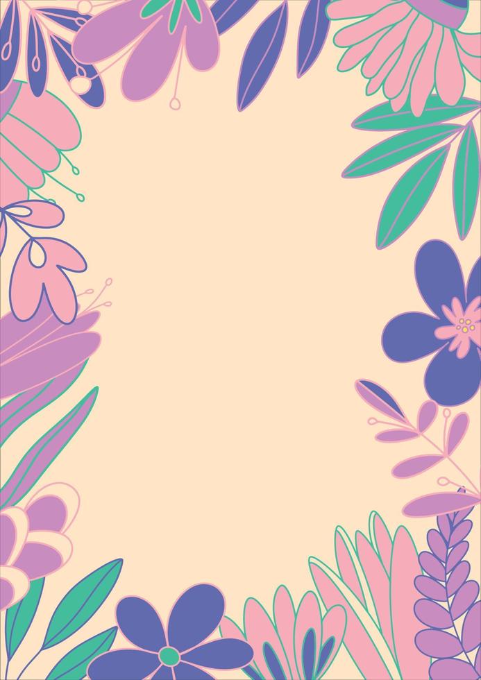 hälsning kort med söt blommor i rosa-lila Färg. tropisk blommor i mycket peri. vektor illustration. festlig blommig dekor. bröllop inbjudan. ram mall med Plats för text.