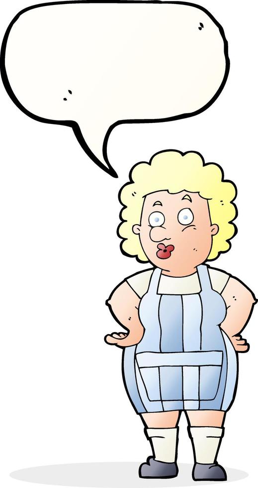 tecknad serie kvinna i kök förkläde med Tal bubbla vektor