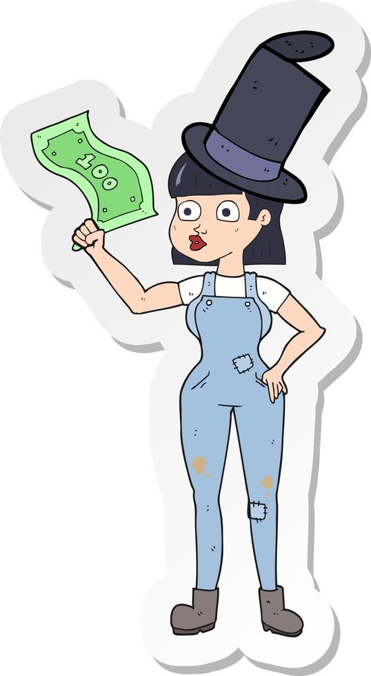 Aufkleber einer Cartoon-Frau, die sich an Geld festhält vektor