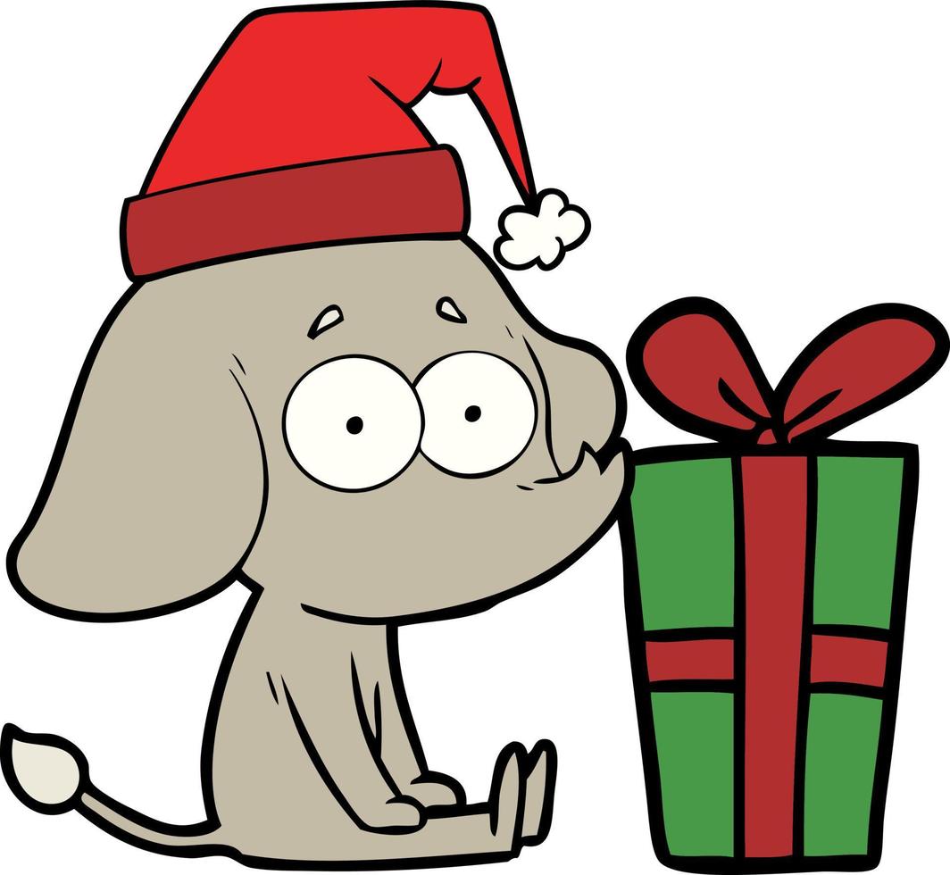 cartoon unsicher elefant saß mit weihnachtsgeschenk auf dem boden vektor