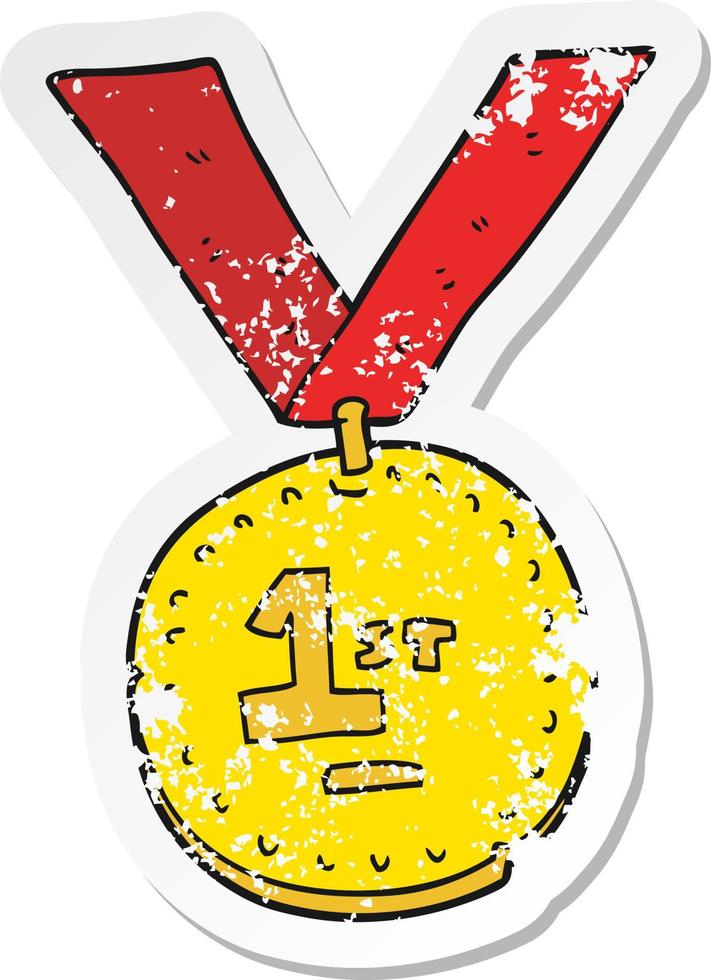 Retro-Distressed-Aufkleber einer Cartoon-Medaille für den ersten Platz vektor