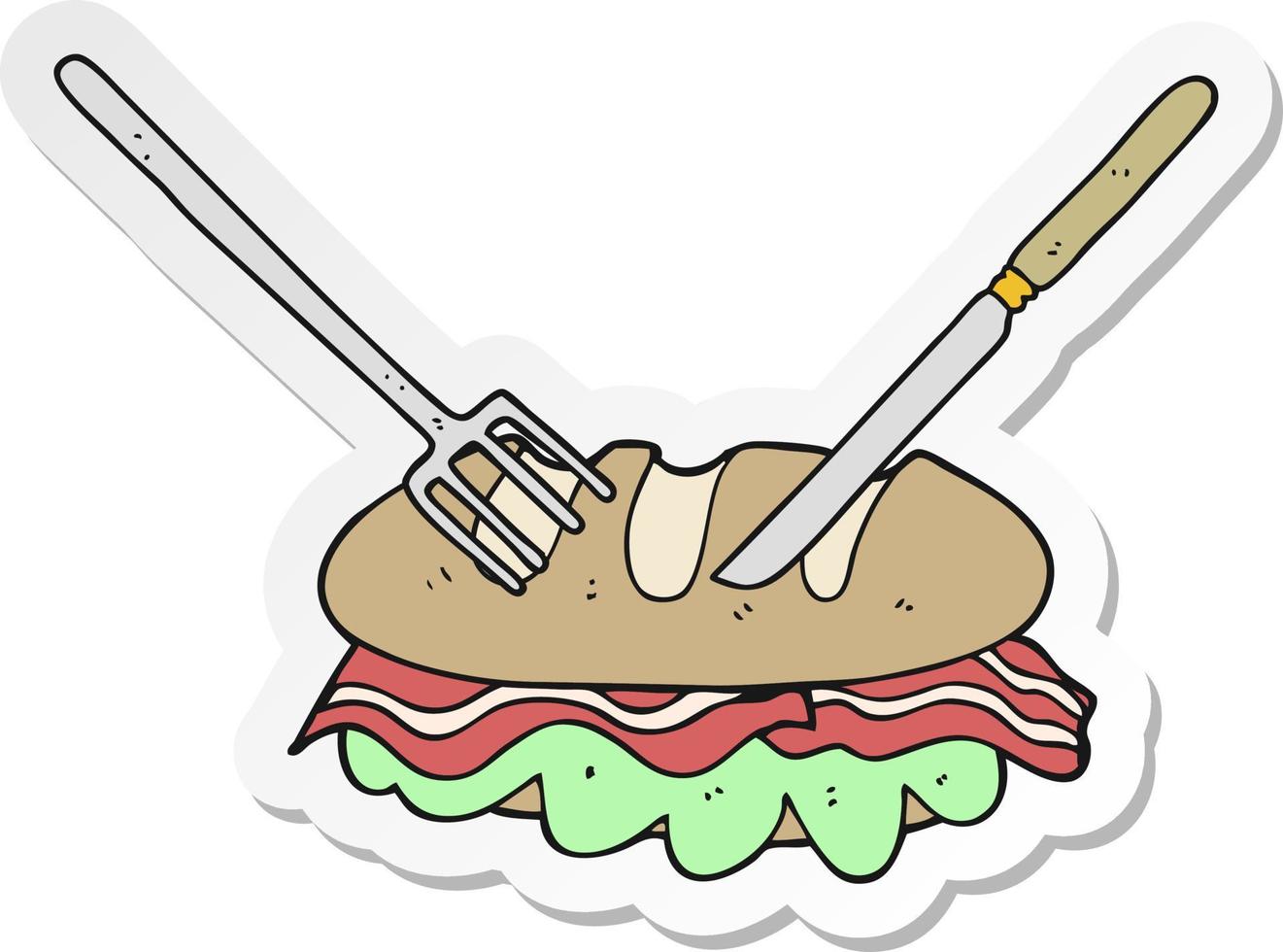 Aufkleber eines Cartoon-Messers und einer Gabel, die ein riesiges Sandwich schneiden vektor