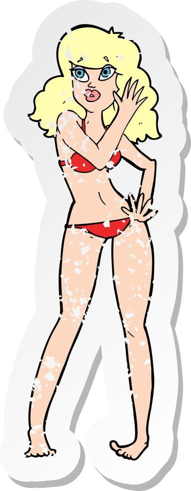 Retro beunruhigter Aufkleber einer hübschen Cartoon-Frau im Bikini vektor