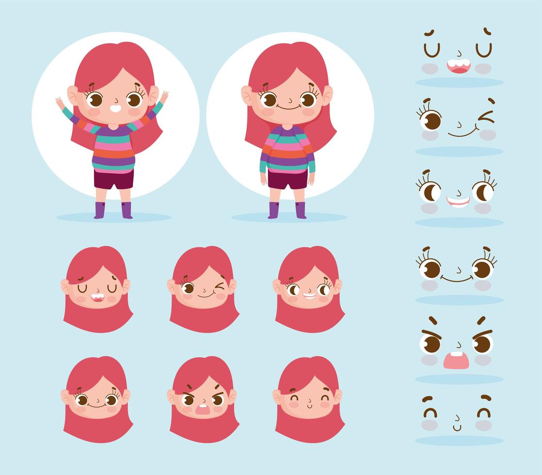 kleines Mädchen Charakter mit verschiedenen Köpfen und Gesichtern gesetzt vektor