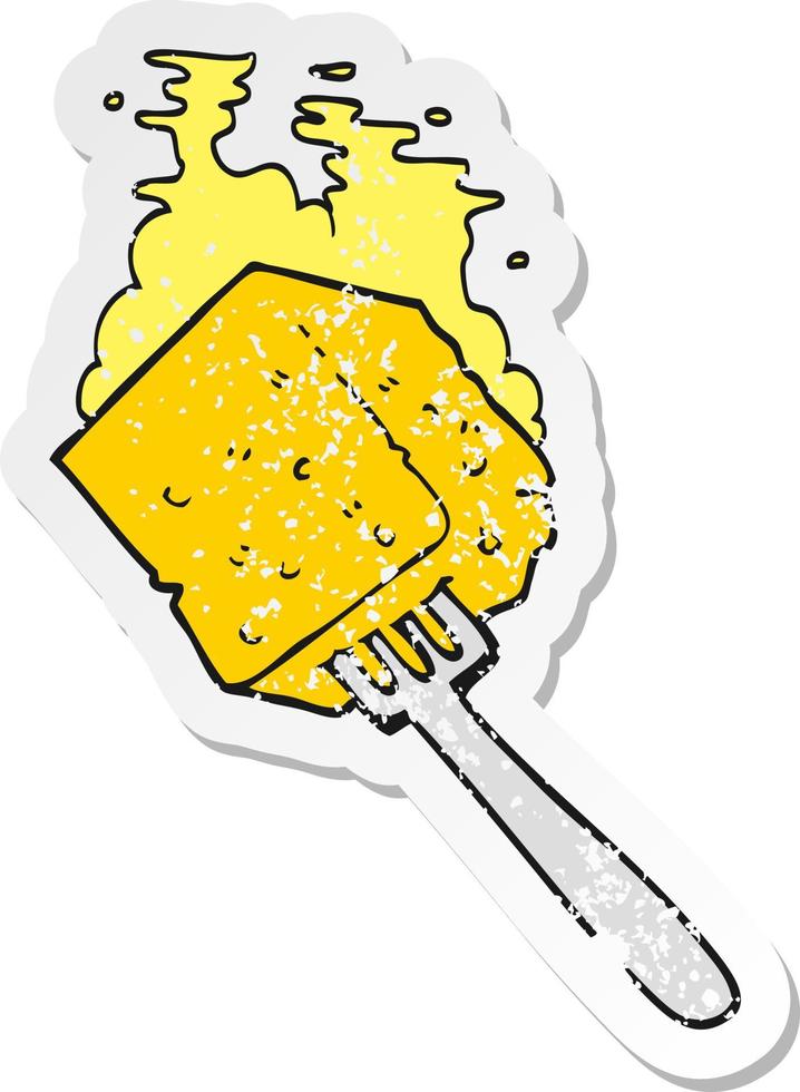 retro bedrövad klistermärke av en tecknad serie ost på gaffel vektor