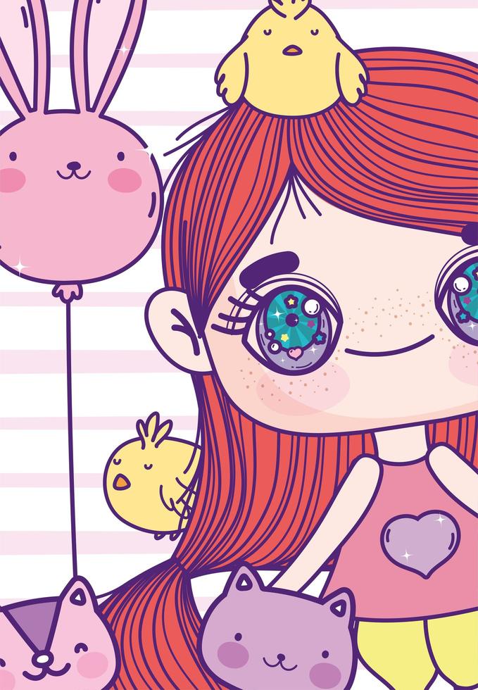 Anime-Mädchen mit Tieren und einer Ballonkartenschablone vektor