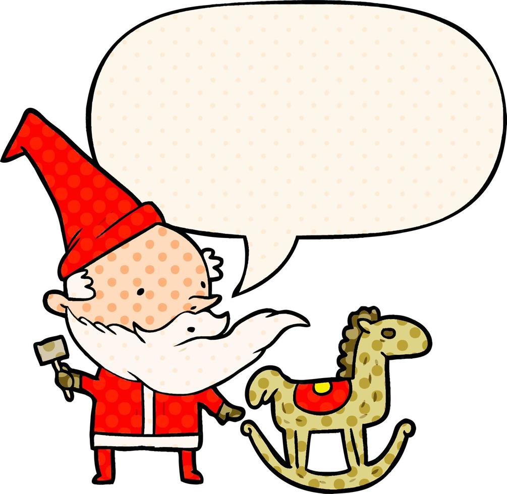 Cartoon-Weihnachtsmann oder Elf, der ein Schaukelpferd und eine Sprechblase im Comic-Stil macht vektor