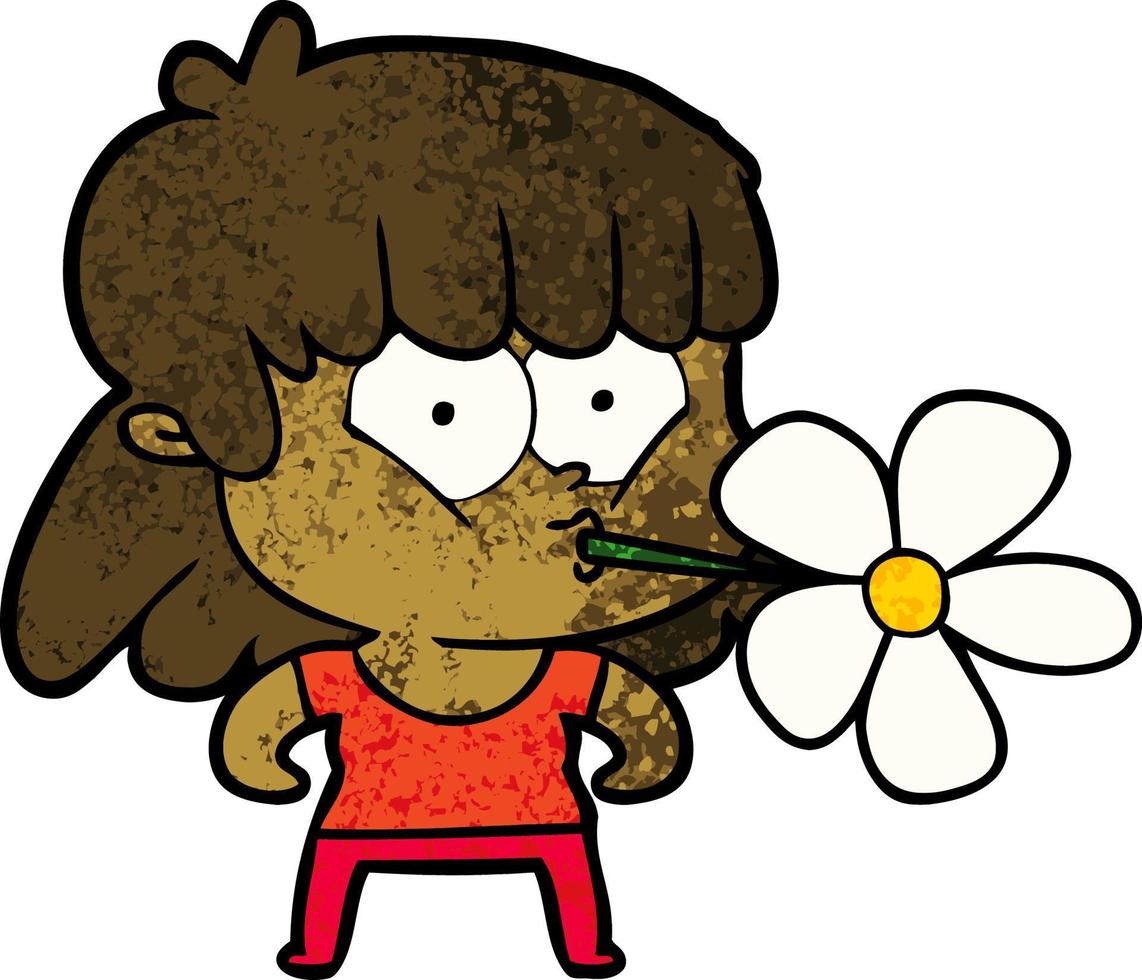 Cartoon-Mädchen mit Blume im Mund vektor