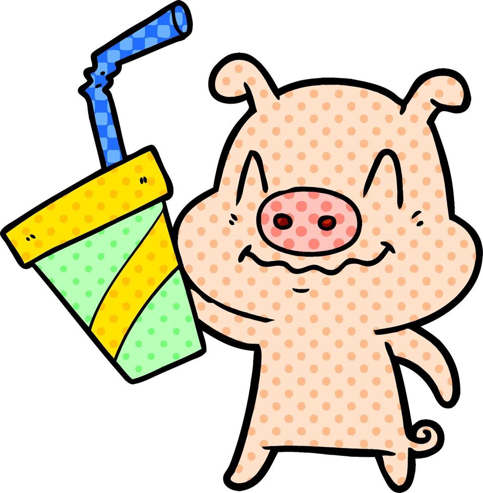 nervöses Cartoon-Schwein mit riesigem Soda vektor