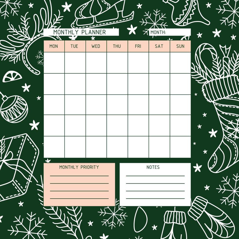 en gång i månaden planerare. en planerare för månad organisation av tid med jul bakgrund. kalender. vinter- humör.3 vektor
