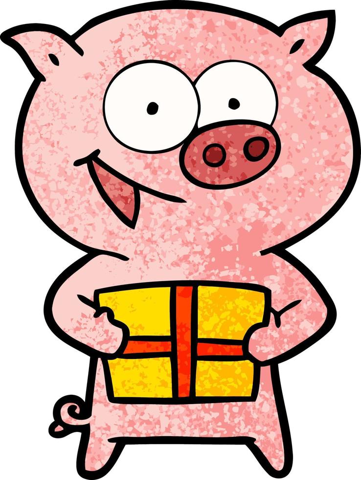 fröhliches schwein mit weihnachtsgeschenk vektor