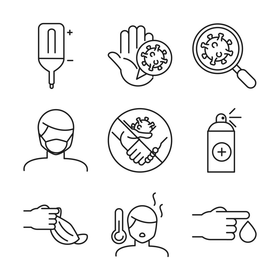 medizinische Versorgung und Covid-19 Line-Art-Icon-Set vektor