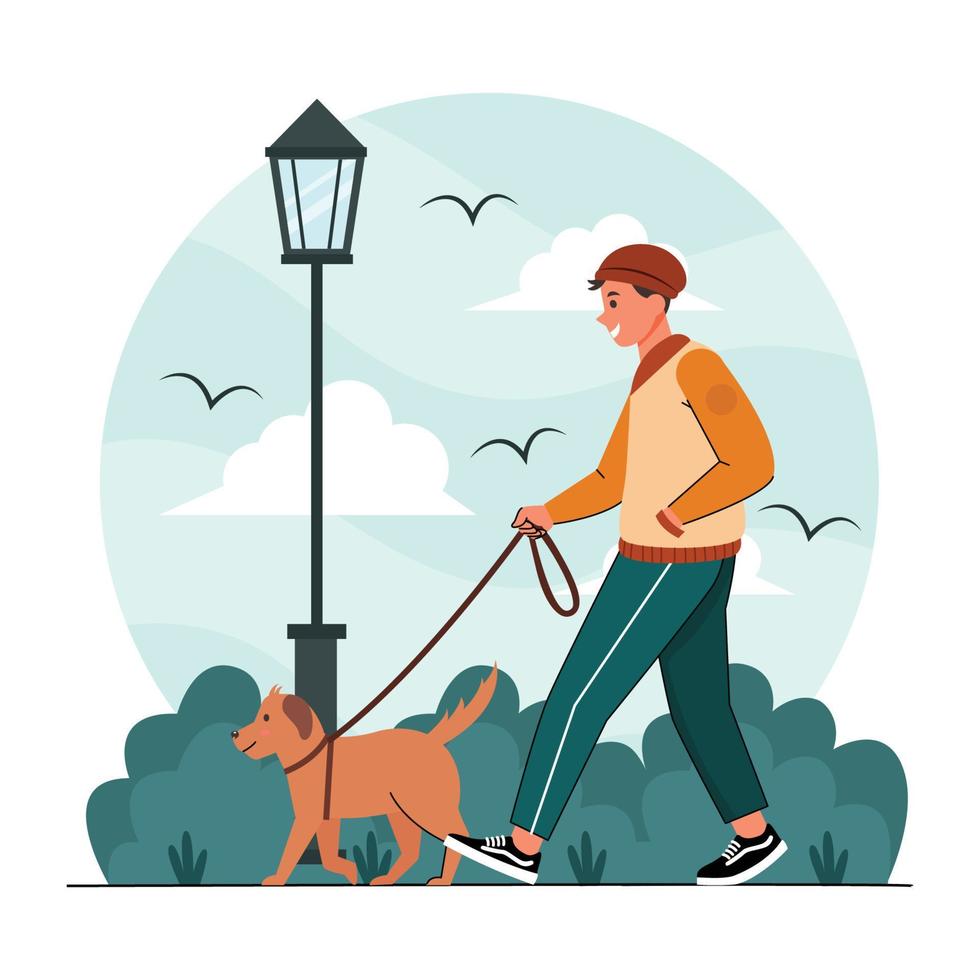 mann und hund gehen im park spazieren vektor