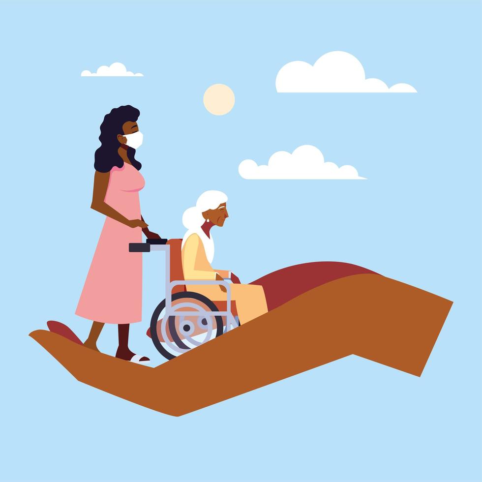 junge Frau kümmert sich um alte Frau im Rollstuhl vektor