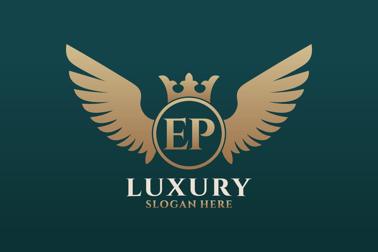luxus königlicher flügelbuchstabe ep wappengoldfarbe logovektor, siegeslogo, wappenlogo, flügellogo, vektorlogovorlage. vektor