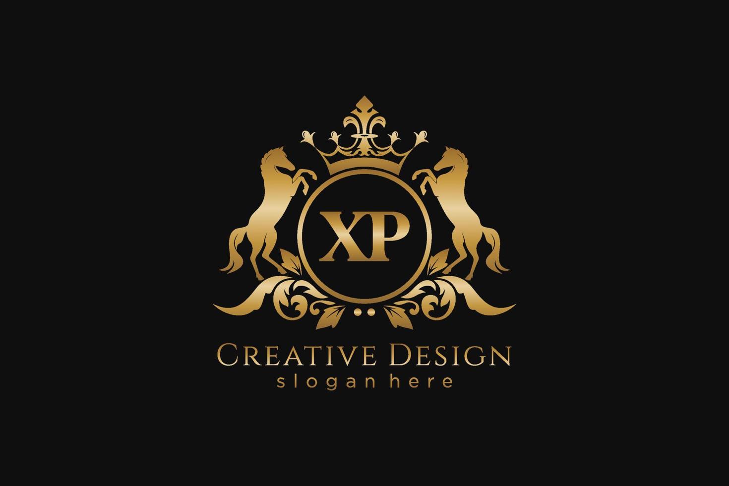 Anfangs-XP-Retro-Goldwappen mit Kreis und zwei Pferden, Abzeichenvorlage mit Schriftrollen und Königskrone – perfekt für luxuriöse Branding-Projekte vektor