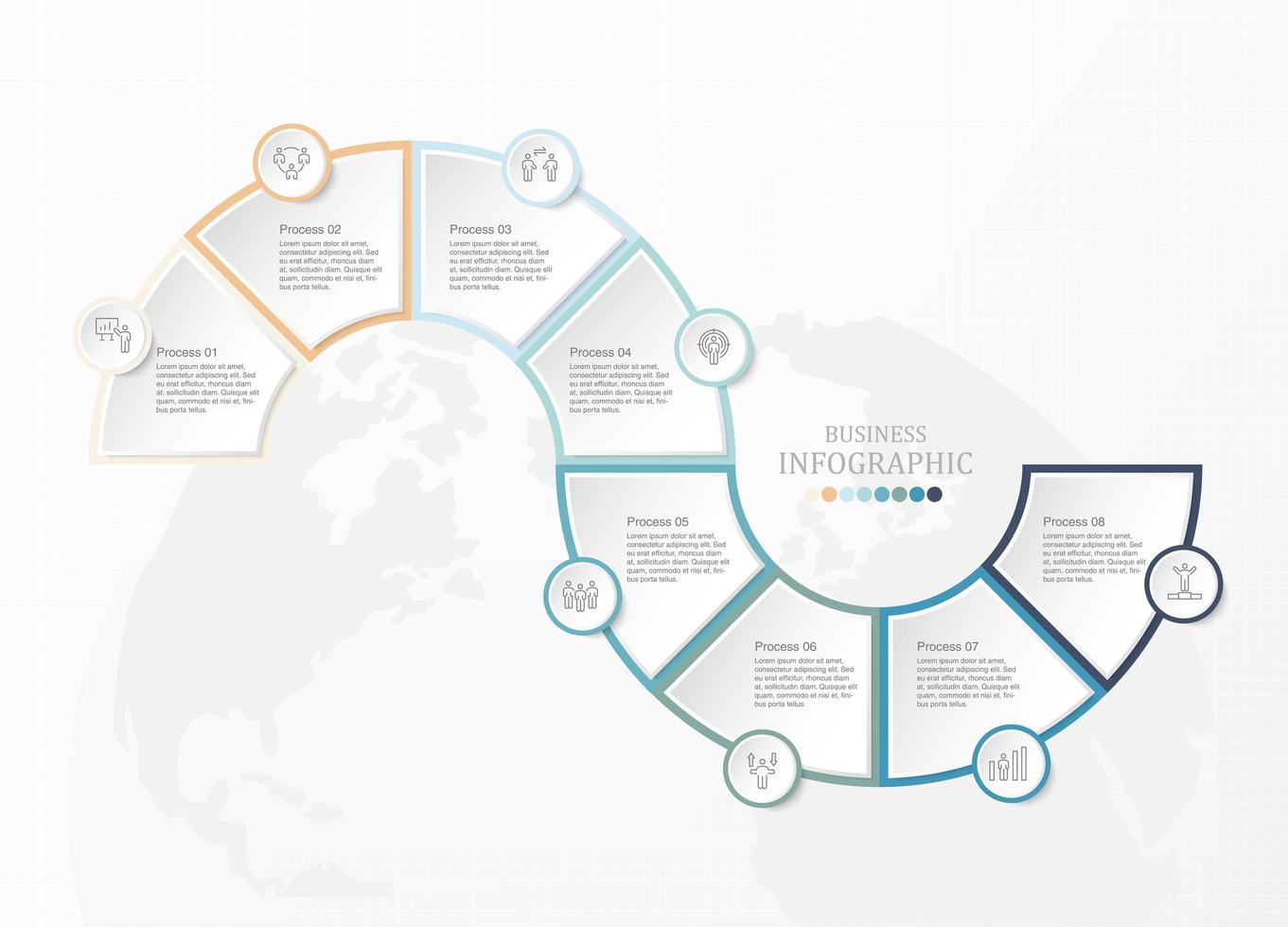 verbundene Kurvenform 8-Schritt-Infografik mit Symbolen vektor