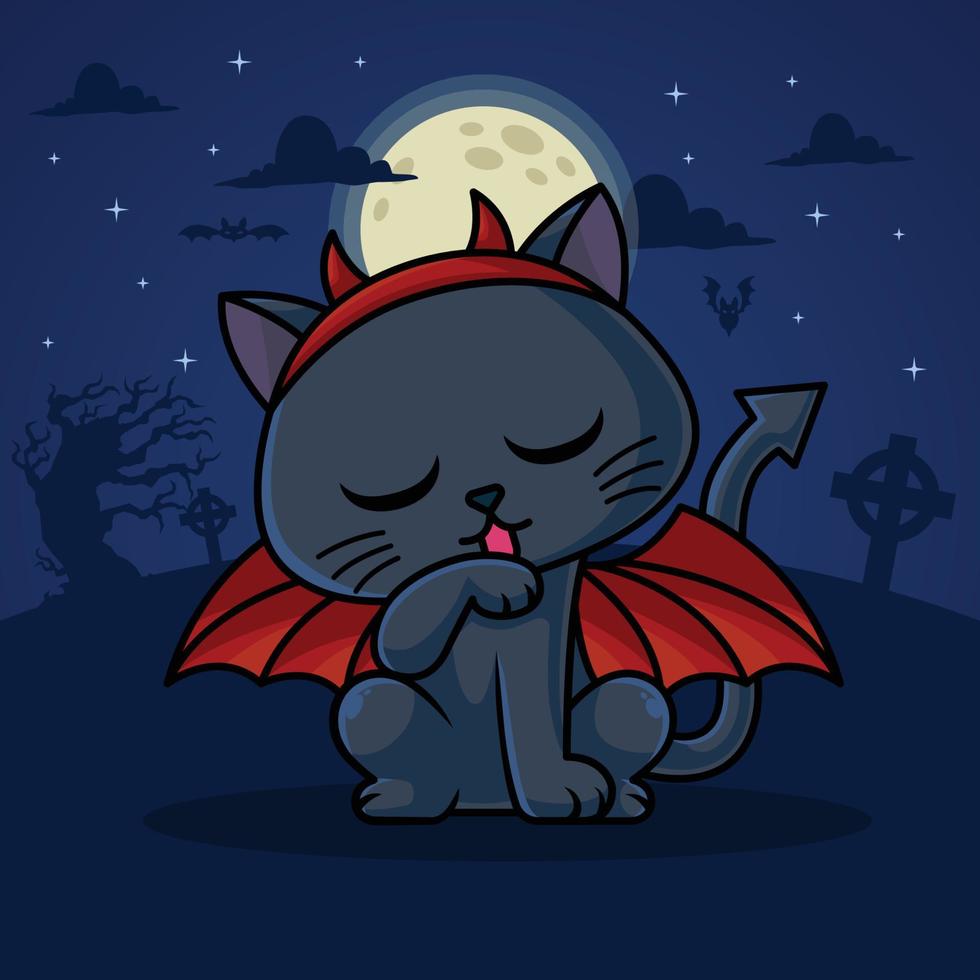 skrämmande läskigt ondska söt söt svart katt midnatt fullmåne i cemetary vektor