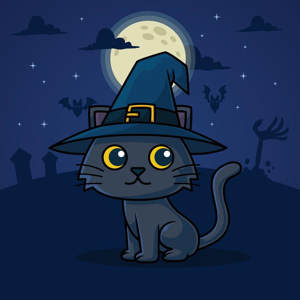 läskigt svart häxa katt halloween i kyrkogård full måne vektor