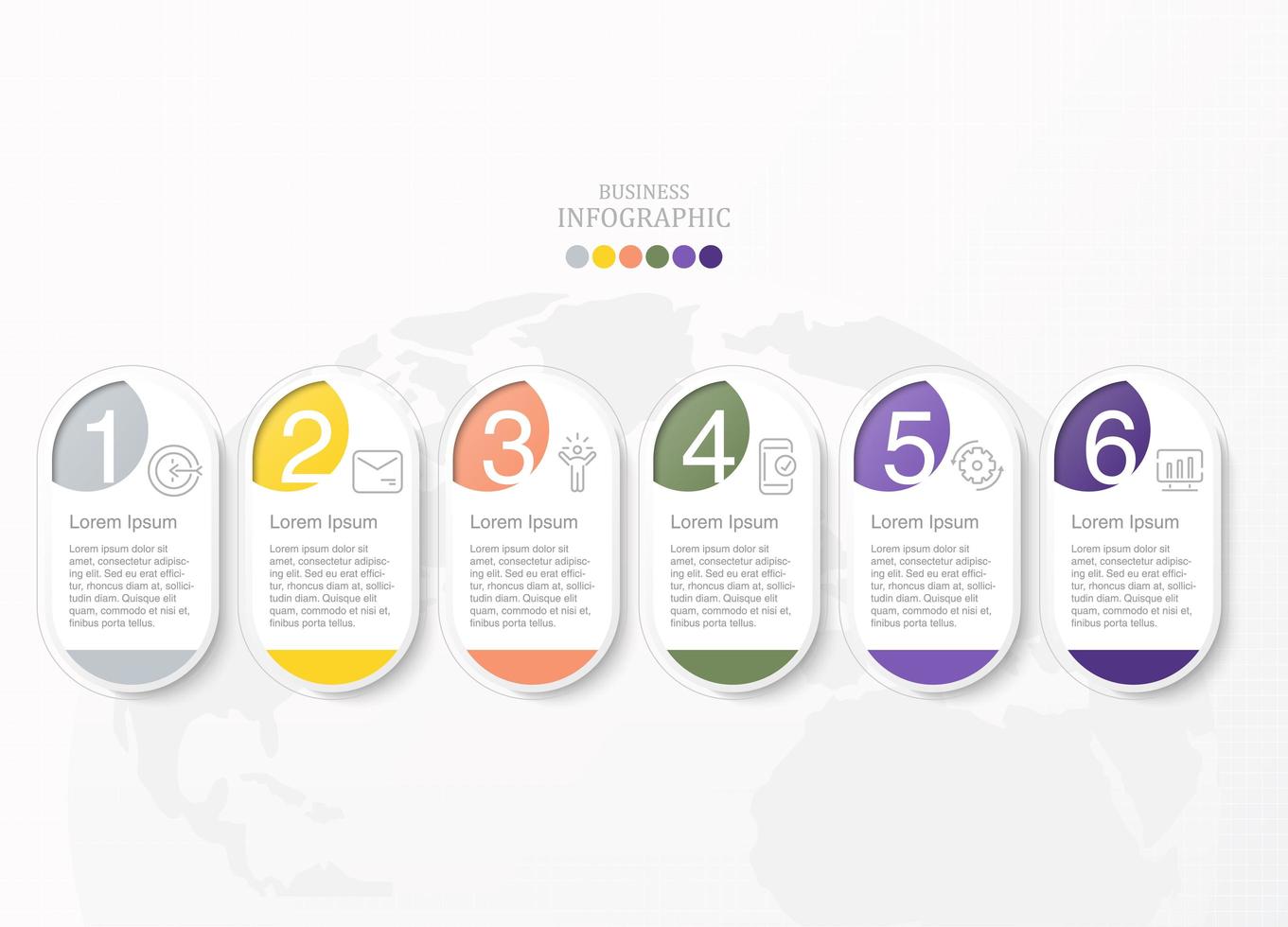 sex process oval infographic med ikoner för företag vektor