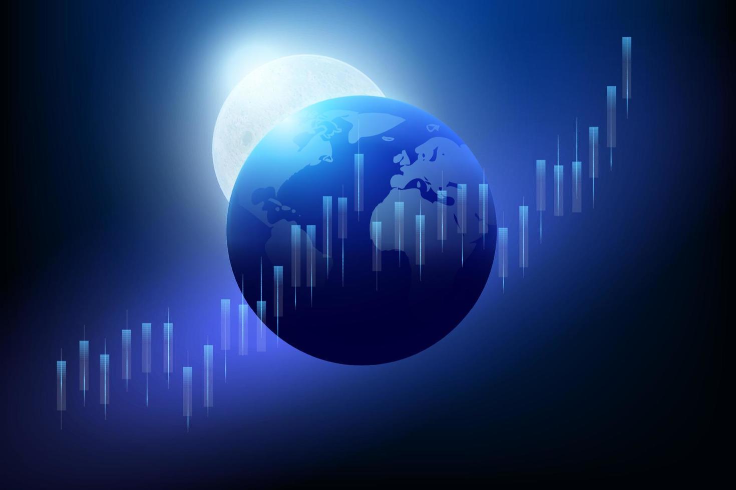 en avancerad hologram av de planet jord mot de bakgrund av de måne, med en lysande investering finansiell data vektor diagram. stock marknadsföra Diagram med stigande ljus. infographic element