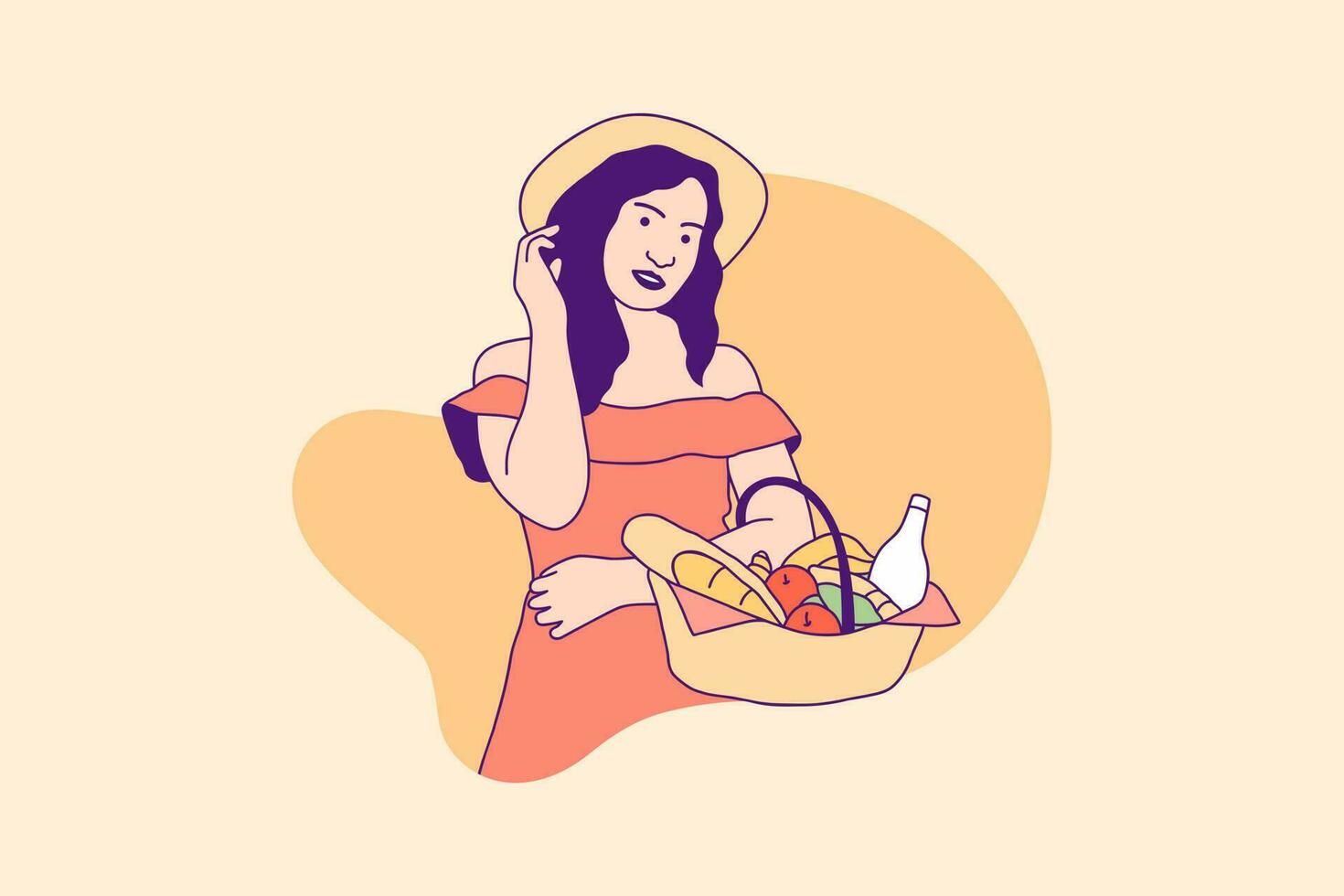 Illustrationen schöne Frau mit Picknickkorb Essen für World Food Day Design-Konzept vektor