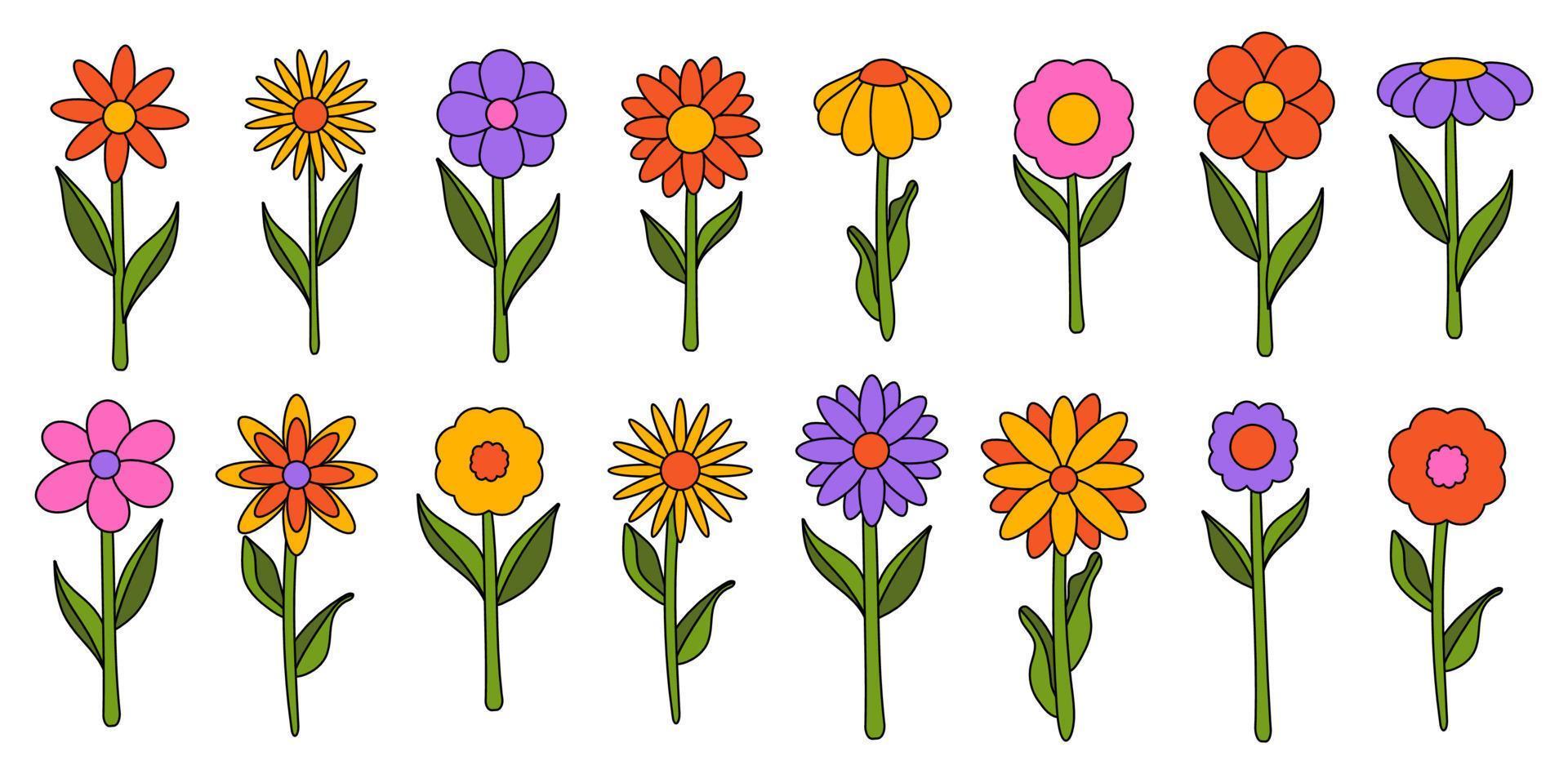 samling enkla blommande blommor i 1970-talets psykedeliska hippiestil. uppsättning grafiska klistermärken i retrodesign. groovy bakgrund. redigerbara stroke isolerade vektorillustration vektor