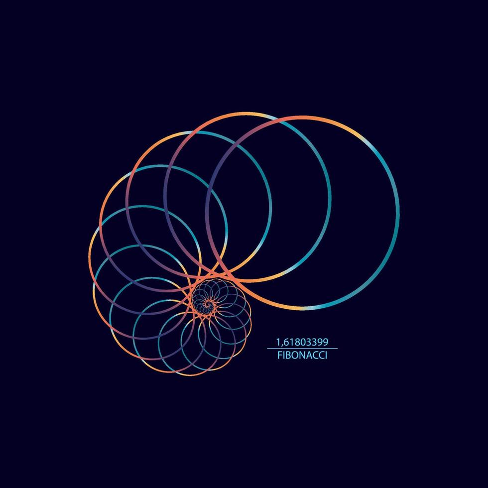 Kreis der Fibonacci-Folge. Goldener Schnitt. geometrische formen spirale. Schneckenspirale. Muschel aus bunten Kreisen. Heilige Geometrie-Logo-Vorlage. logarithmische Folgen. Vektor isoliert auf blauem Hintergrund