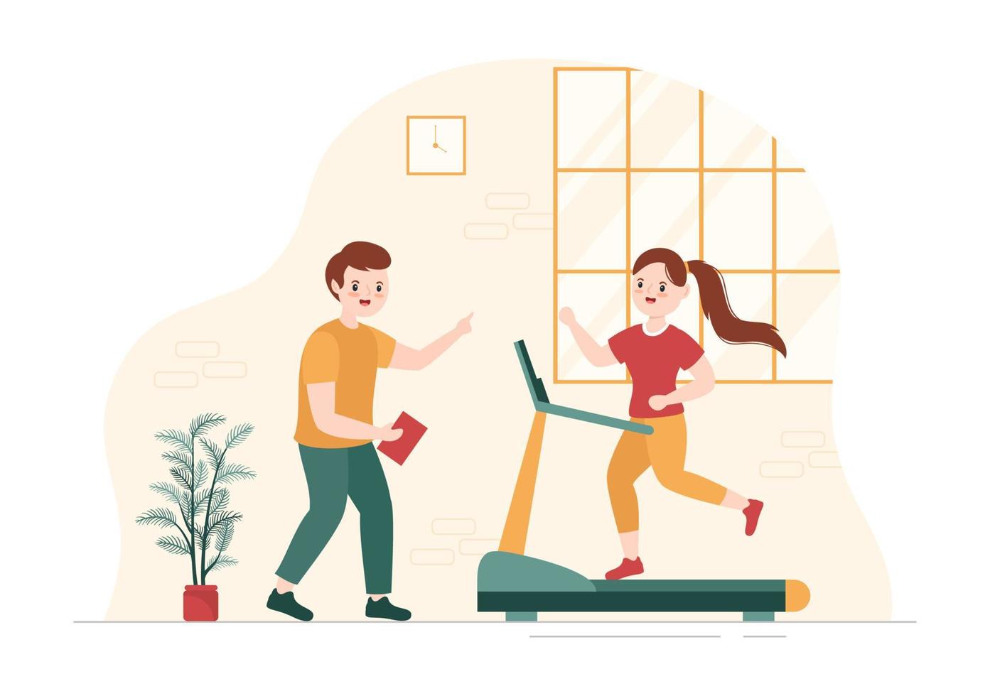 personal trainer oder sportlehrer handgezeichnete cartoon flache illustrationsvorlage mit arbeitshilfen stretch, fitness und korrekter haltung vektor