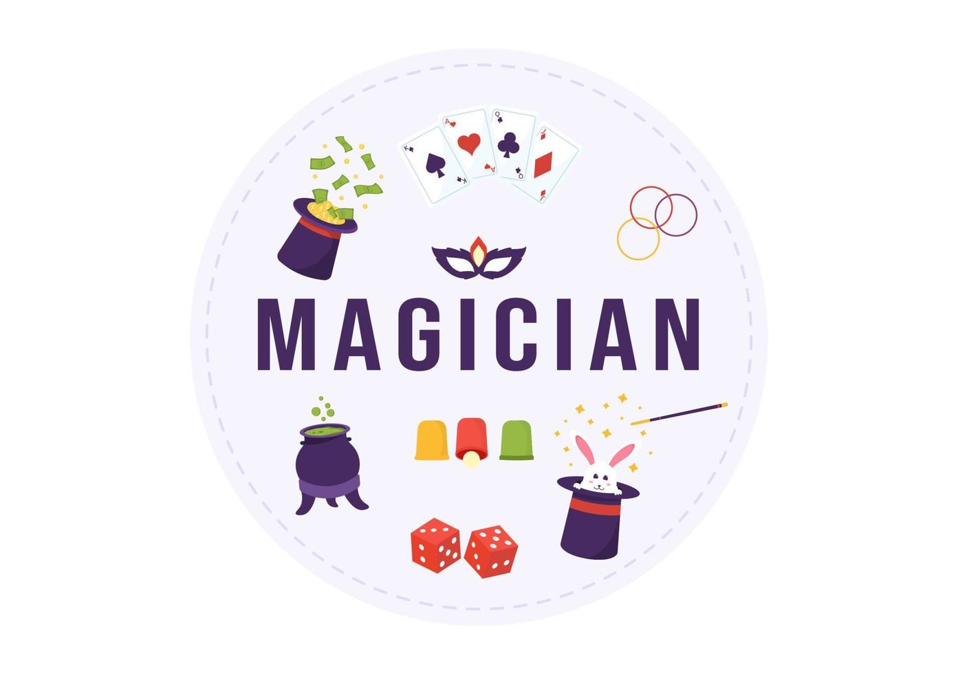 trollkarl illusionist framkallning knep och vinka en magi wand ovan hans mystisk hatt på en skede i mall hand dragen tecknad serie platt illustration vektor