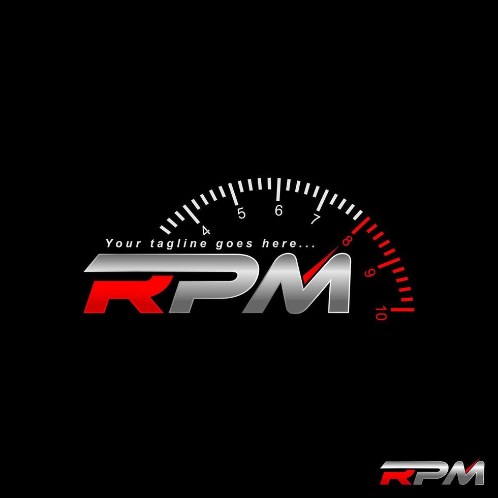 einzigartiger Buchstabe oder Wort RPM Kursivschrift mit Tachometer Bild Grafik Symbol Logo Design abstraktes Konzept Vektor Stock. kann als Symbol für Sportwagen oder Werkstatt verwendet werden