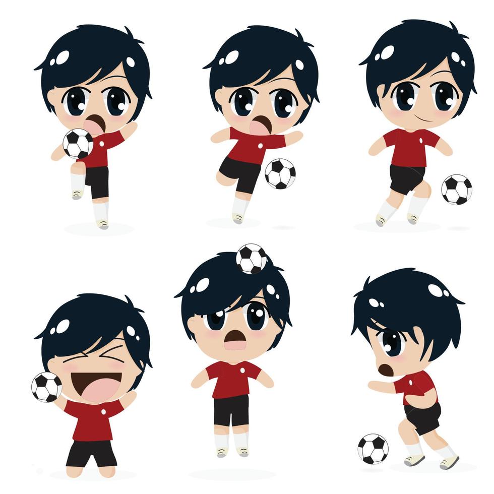 Kid Boy spielt Fußball Fußball-Sammlung auf weißem Hintergrund isoliert vektor
