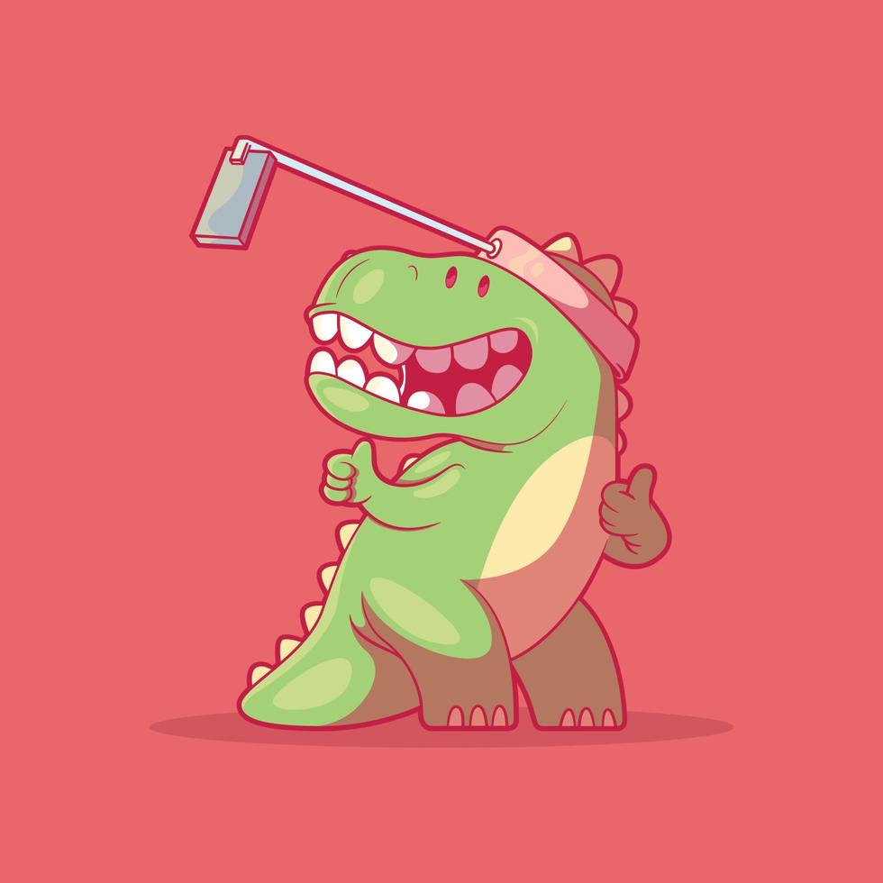 süßer dino mit einer selfie-stick-vektorillustration. Kommunikation, Social Media, lustige Designkonzepte. vektor