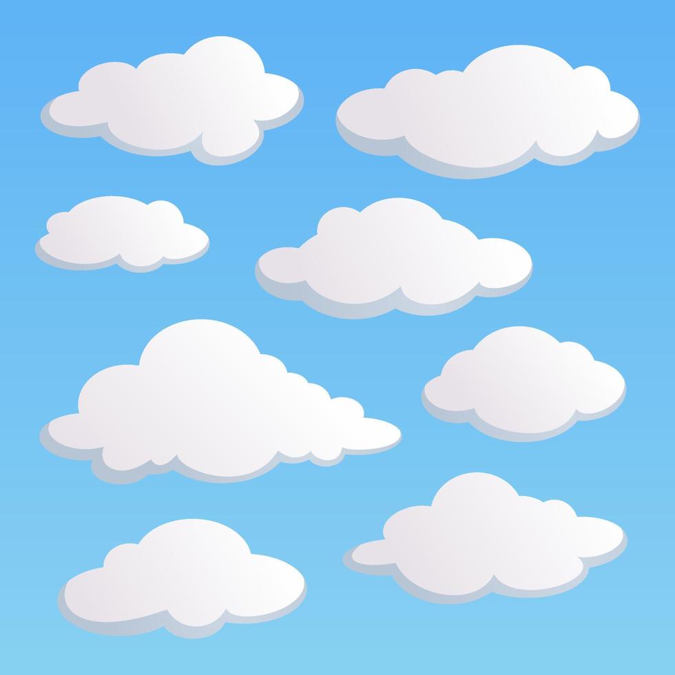 uppsättning av annorlunda tecknad serie moln isolerat på blå himmel vektor