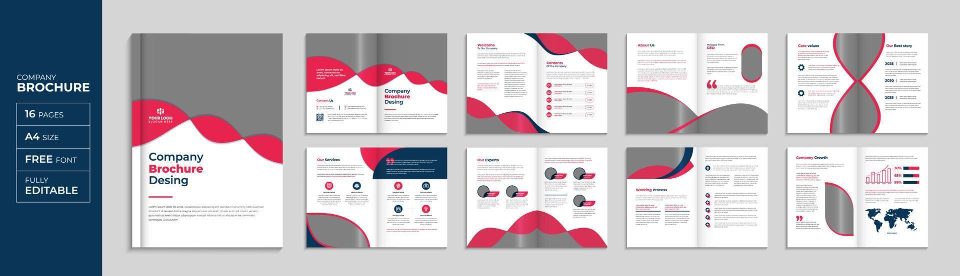 rote Unternehmensbroschüre mit 16 Seiten und Broschürenvorlage, modernes Firmenprofil-Layout pro Vektor