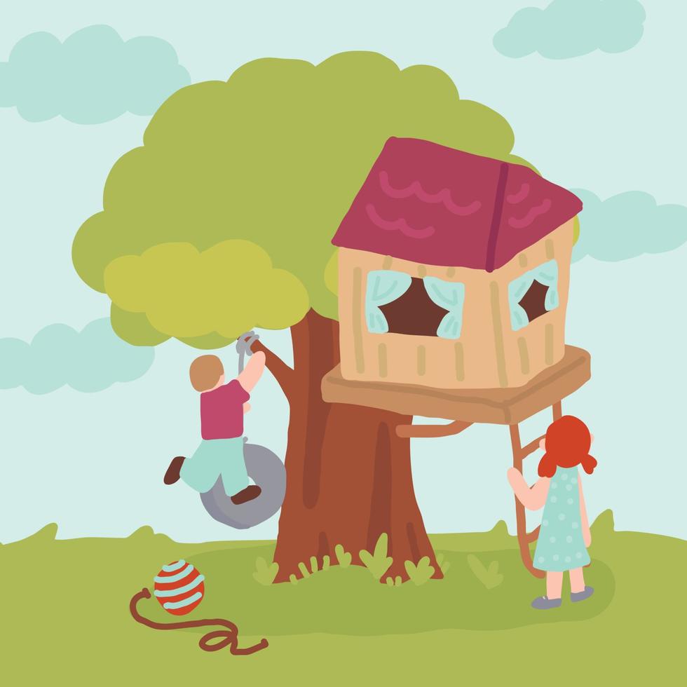 Doodle von Kindern, die mit einem Baumhaus spielen vektor