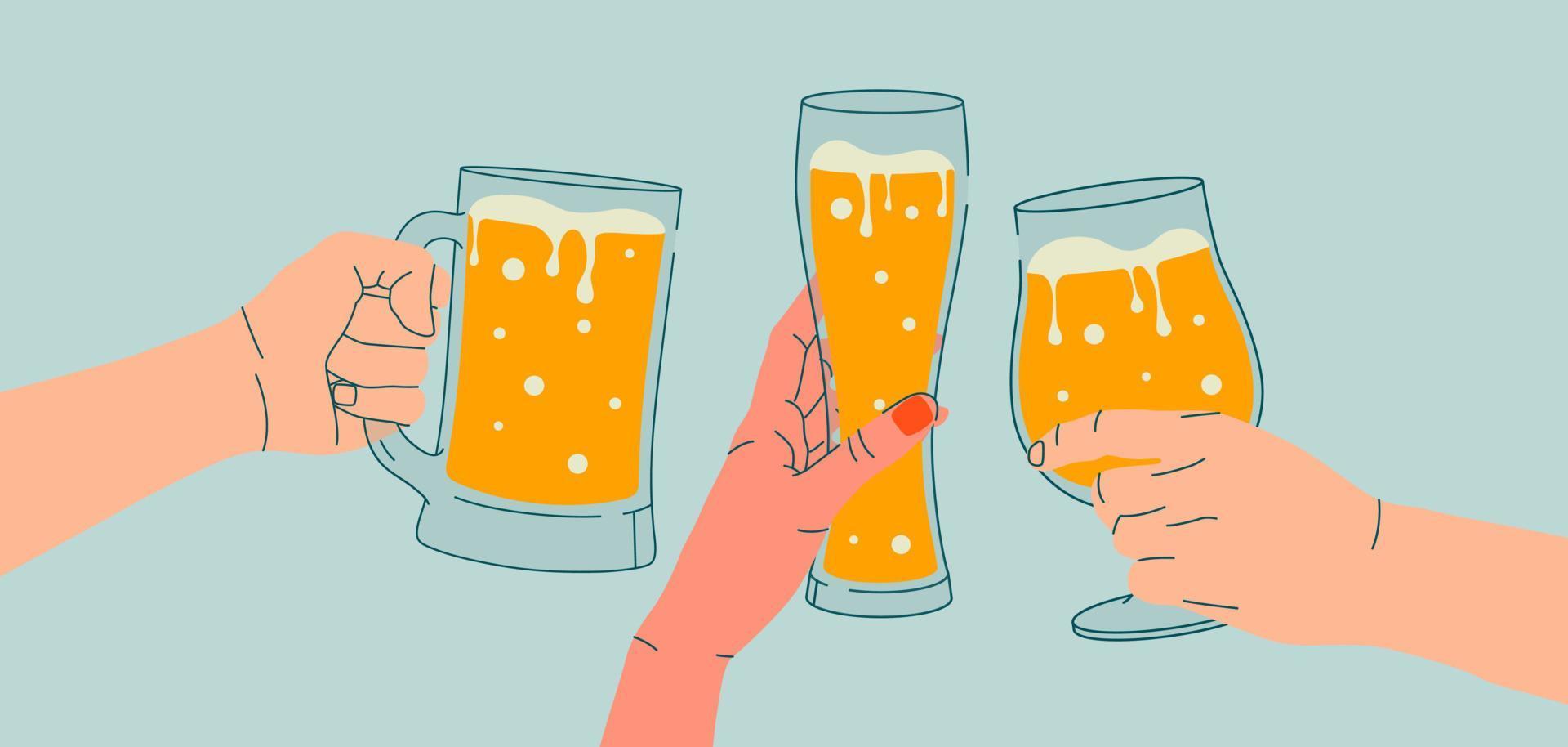 Umrisszeichnung, Prost. die hände von frauen und männern, die ein glas bier halten. flache illustration für grußkarten, postkarten, einladungen, menügestaltung. Strichzeichnungsvorlage vektor